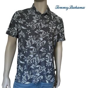 Tommy Bahama Hawaiian Tiki Shirt Monochrome Tropical Leaf Pattern Print